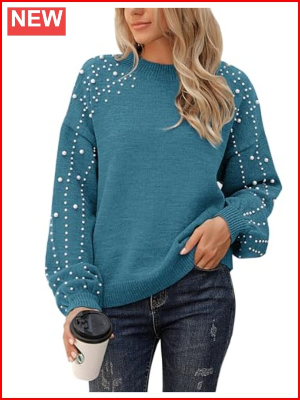 Oversized Chunky Knit Sweater Mock Neck Pullover Pearl Trim